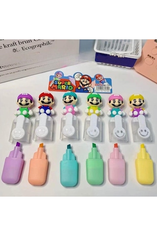 Süper Mario Karakter 6lı Fosforlu Kalem Seti 6689 Pastel Ultramarin