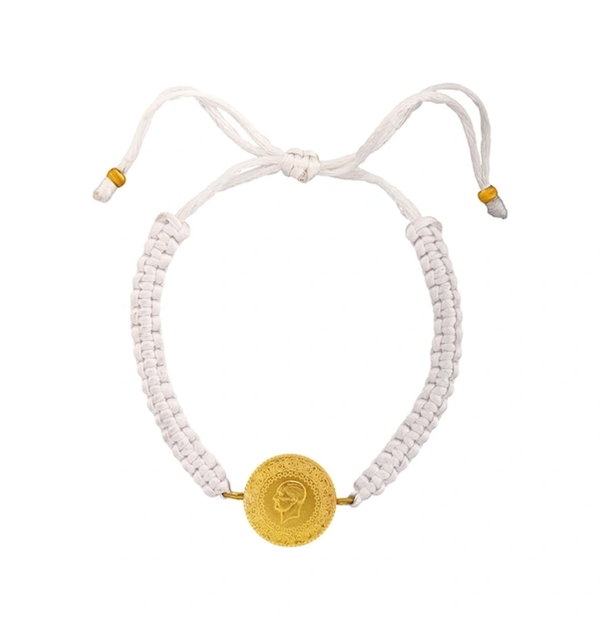 Agakulche 22 Ayar Yarım Altınlı Beyaz İpli Bileklik