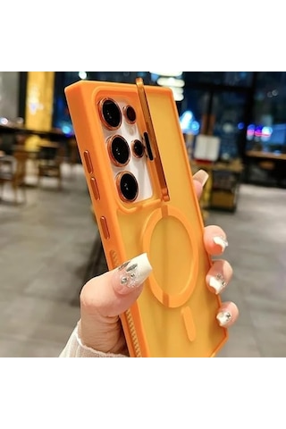 Galaxy S23 Ultra İle Uyumlu Kamera Lens Aparatlı Stand Olabilen Magsafe İle Uyumlu Kamera Korumalı Şeffaf Full Color Magnetic Wireless Telefon Kılıfı Gri, Galaxy S23 Ultra 6998