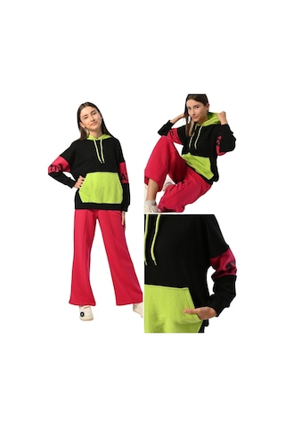 Kız Çocuk Kapüşonlu Neon Renk Bloklu Tasarım Sweatshirt-13397-siyah Siyah
