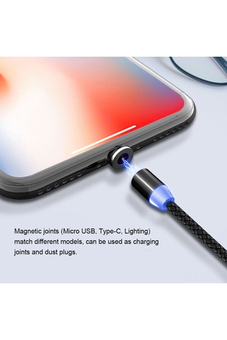 Skycity 2m Usb Şarj Kablosu, 360 Döner Manyetik Bağlantı, Led Işık, Lightning/micro Usb/type-c Uçları, Nilon+alüminyum, Hızlı Şarj, Siyah/kırmızı/gümüş/altın Seçenekleri