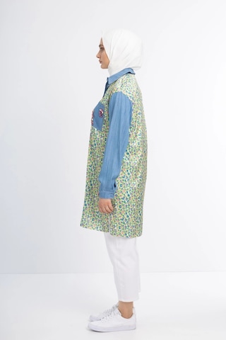 Pureva Taş İşlemeli Tencel Ve Desen Kumaşlı Tunik - Desen - 3 Çok Renkli