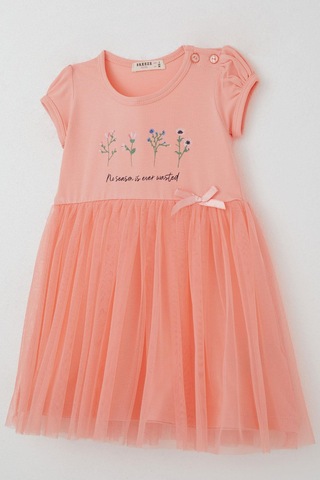 Breeze Kız Çocuk Elbise Çiçek Baskılı Tüllü Fiyonk Detaylı 1.5-5 Yaş, Somon SOMON