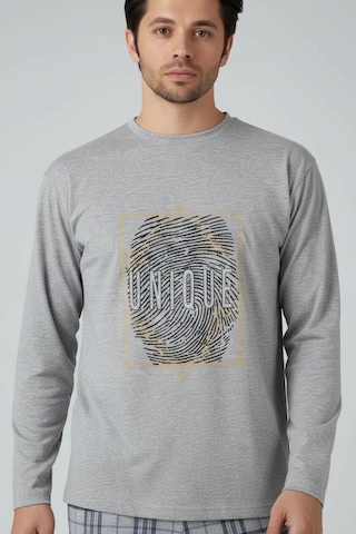 Lukitus Uzun Kol Sıfır Yaka Pamuklu Erkek Pijama Takımı Gri Vlknekose Gri