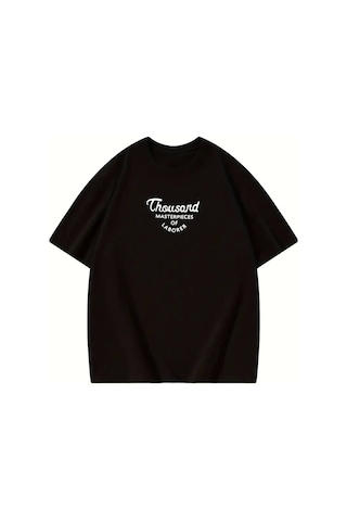 Sidelya Concept Thousand Baskılı Oversize Bisiklet Yaka T-shirt - Siyah Siyah