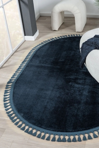 Puffy Gri Oval Örgü Saçaklı Peluş Yumuşacık Yıkanabilir Kaymaz Taban Halı Salon Oturma Odası Antrasit