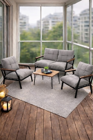 Ard & Garden Sehpalı Açıkgri Fermuarlı Bahçe Balkon Takımı, Cafe, Salon - Metal Kanepe Koltuk Takımı Açık Gri