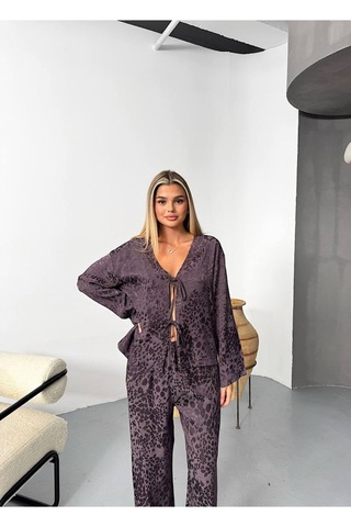 Kechi Woman Leopar Desenli Bağlamalı Saten Takım Kahverengi