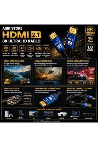 Hdmı 2.1 Kablo 1.8 Metre 8k Ultra Hd 48gbps Earc Hdr Vrr 4k 120hz Altın Uçlu Ps5 Xbox Series X Yüksek Hızlı Hdmı Kablo