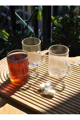 3'lü Borosılıkat Cam Bardak Çizgili Kulplu Çay Kahve Bardağı250m