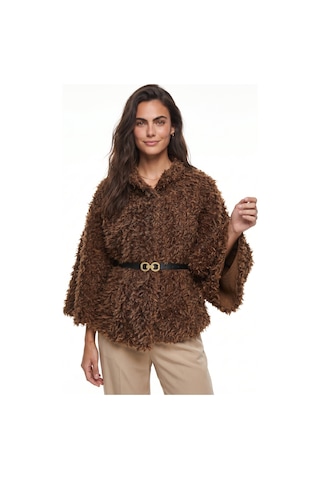 Onloox Kadın Kahverengi Kahverengi Yumuşak Dokulu Polyester Kumaş Belden Kemer Detaylı Peluş Panço