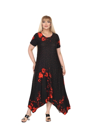 Melsay Butik Kırmızı Puanlı Gelincik Desen Asimetrik Kısa Kollu Elbise Siyah