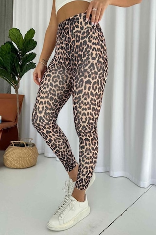 Mine Tan Butik Leopar Desen İçi Şardonlu Kadın Toparlayıcı Tayt - Bej Bej
