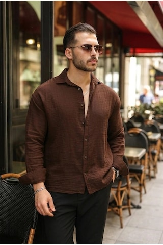 Valensdesign Erkek Rahat Kalıp Pamuklu Müslin Kumaş Gömlek Kahverengi