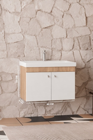 Milano 80 Cm, Lavabolu Alt Banyo Dolabı, Kapaklı Banyo Dolabı, Seramik Lavabo Dahil, Mdf Beyaz - Sonomo