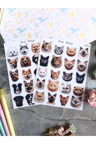 Tatlı Kedi Köpek Kafaları Sevimli Sticker Etiket Çıkartma 2 Sayfa