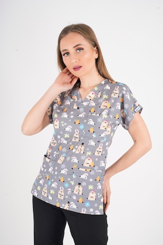 Unisex Snack Time Desenli Doktor Hemşire Hastane Aşçı Mutfak Scrubs Tek Üst Üniforma Gri