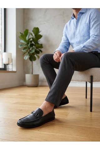 Komcero 6y3546-189 Erkek Hakiki Deri Tokalı Comfort Loafer Ayakkabı Siyah