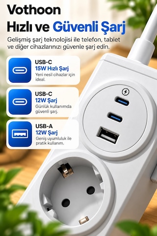 4 Lü Çoklu Priz Kolay Fiş Çıkarma Mandallı, 15w Type-c & Usb Hızlı Şarj Krem 2 M