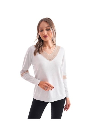 Kadın V Yaka Simli Kol Detaylı Kazak 12787 Bgl-st04108 beyaz
