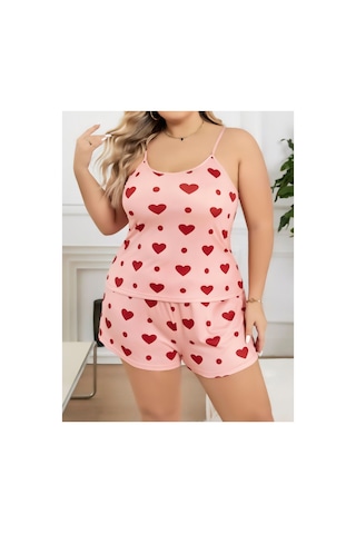 Lily Bianca Nightwear Desenli Askılı Ve Şortlu Büyük Beden Penye Gecelik Turuncu
