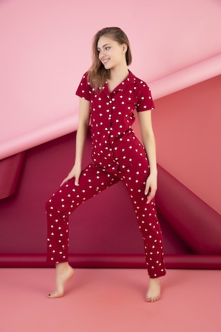 Kadın Düğmeli Desenli Pijama Takımı Bordo 1974 Waynap Bordo
