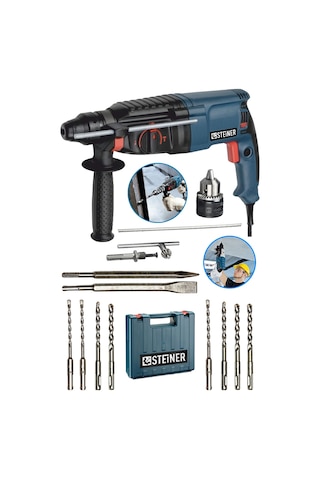 Steiner 3000 W Darbeli Kırıcı Delici Matkap + Mandren + 10 Parça Uç Seti
