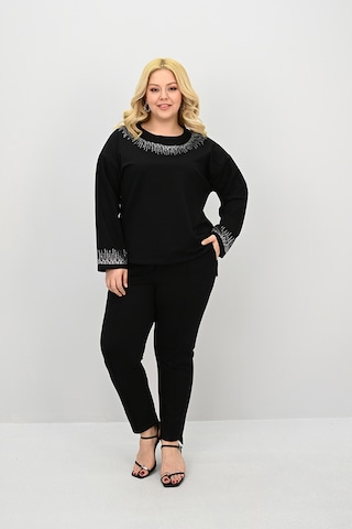 Kadın Büyük Beden Taş Baskı Detaylı Yüksek Bel Eşofman Takımı 8175-25 Siyah
