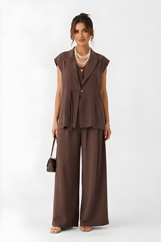 Lili Woman Kadın Kahverengi Koka Oversize Yelek & Palazzo Pantolon Takım E.8160k