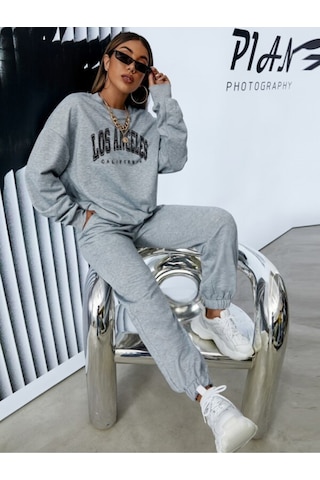 Los Angeles Baskılı Gri Bisiklet Yaka Sweatshirt Ve Eşofman Altı Eşofman Takımı Gri
