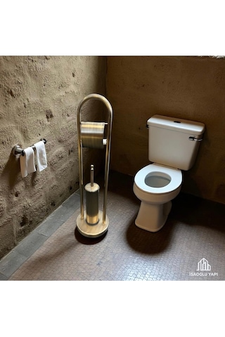 İsaoğlu Yapı Antik Gold Tuvalet Kağıtlık Ve Fırça Seti Pirinç Banyo Aksesuarı Seti Eskitme Gold Ayaklı Set Gold