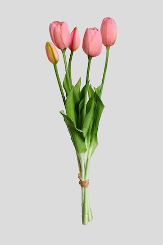 Pembe Yapay Tulipa Lale Çiçeği Buketi 5 Dallı Premium Canlı Islak Dokulu 43 Cm