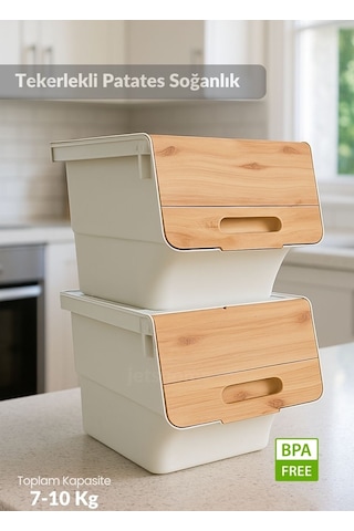 2'li Bambu Patates Soğan Sepeti Tekerlekli Kapaklı Havalandırmalı 24 Litre Sebzelik Organizer