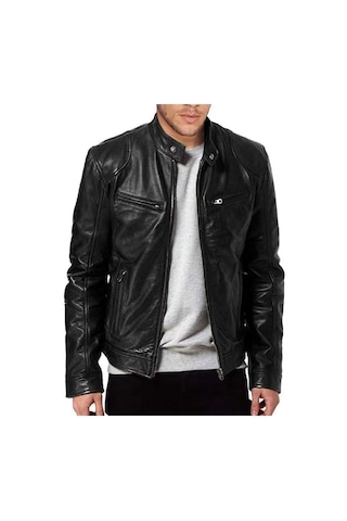 İlkbahar Ve Sonbahar İçin Yeni Erkek Dik Yaka Deri Ceket Siyah