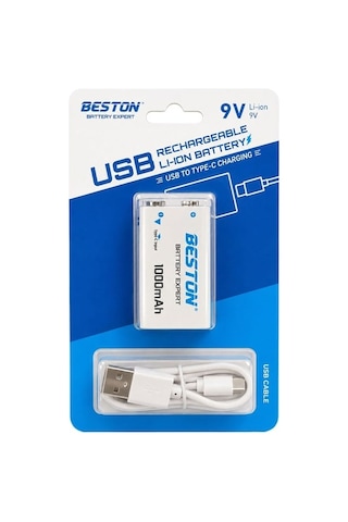 Beston 9vc-10cv 9v 1000mah Type-c Şarj Edilebilir Li-ıon Lityum Pil Ve Şarj Kablosu