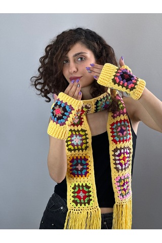 Gönülden Tasarım El Örgüsü Etnik Motif Desenli Atkı Eldiven Set Atkı 180 Cm Sarı