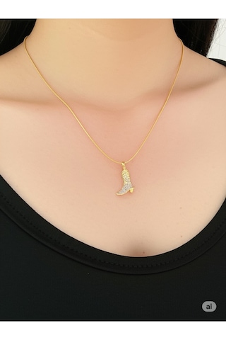 Çelik Zirkon Taşlı Çizme Model Gold Renk Kadın Kolye Çok Renkli