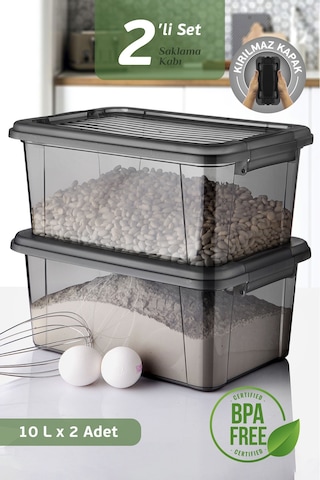 2'li Mega 10l Un Bakliyat Erzak Kabı - Kilitli Kapaklı Banyo Düzenleyici Deterjanlık Saklama Kutusu Siyah