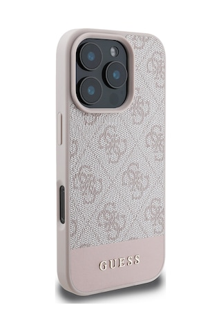 Apple Uyumlu iPhone 16 Pro Kılıf Guess Lisanslı Pu Deri Şerit Logo Dizaynlı Kapak Pembe