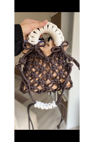 Pawknot Latte Knot Mini Makrome Çanta Kahverengi/bej İçi Keseli Kahverengi - Bej