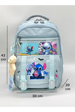 Stitch Desen Aksesuarlı Kore Tarzı Termal Beslenmeli Ve Kalemlikli Kız Çocuk Okul Sırt Çantası Seti Turkuaz