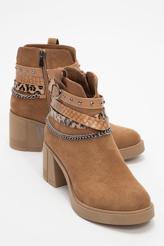 Luvishoes Luvi Shoes Boliva Taba Süet Kemerli Zincirli Kadın Kalın Topuklu Bot Taba Süet