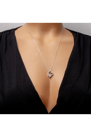 Madam Matmazel Swarovski Beyaz Tek Taş Kalpli Gümüş Kadın Kolye,925 Ayar, Rodyum Kaplama