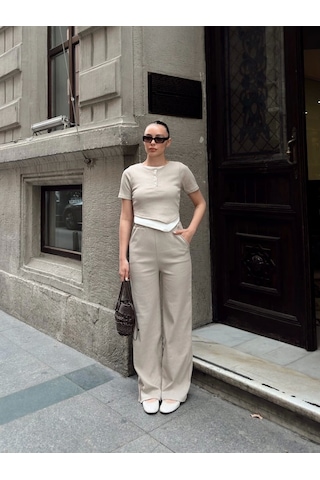 Düğme Yakalı Bej Alt Üst Takım S3943 Bej