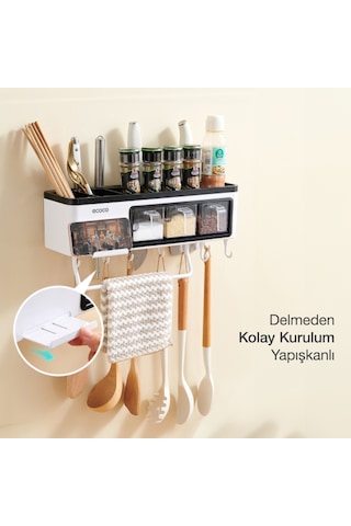 Ecoco Bölmeli Askılı Baharatlık Havlu Ve Telefon Tutuculu Mutfak Beyaz