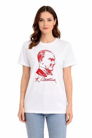 Modi Atatürk Baskılı Tişört Kısa Kollu Bisiklet Yaka T-shirt - Beyaz