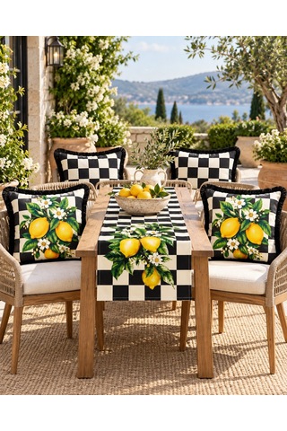 Damalı Limon Desenli Runner + 4 Lü Kırlent Kılıfı Kombin Seti 45 x 45