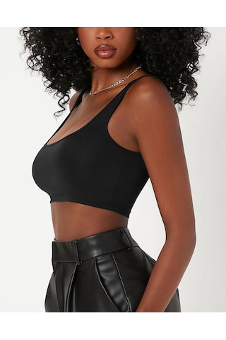 Liona Kadın Kare Yaka Siyah Slim Fit Mini Crop Top Bluz 001