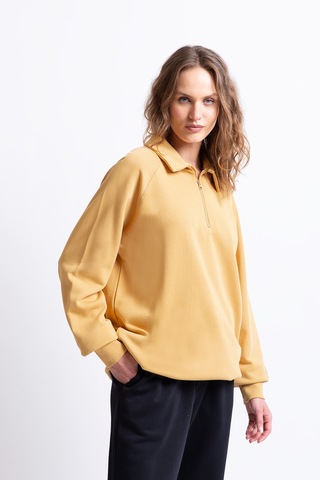 Polo Yaka Fermuarlı Organik Pamuklu Sweatshirt Hardal