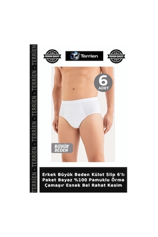 Terrien Erkek Büyük Beden Külot Slip 6'lı Paket Beyaz %100 Pamuklu Örme Çamaşır Esnek Bel Rahat Kesim